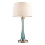 Desk Lamp, Two Outlets, White Linen Shade w/ Blue Body